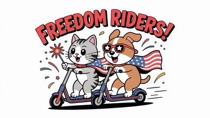 4th July Celebration Illustration of Pets Riding Scooters in a Festive Environment