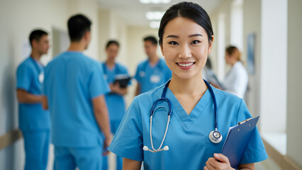 Smiling Young Asian Female Doctor or Nurse in Hospital Corridor with Medical Team