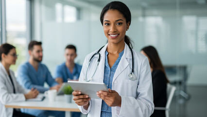 Confident Female Doctor Using Digital Tablet in Modern Hospital Office Meeting