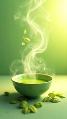 A bowl of greenish soup steaming with anger on a soft light green background, surreal and bold.