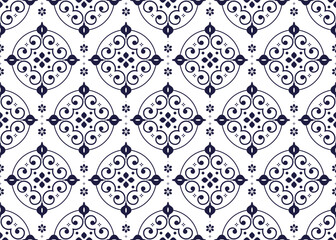 Seamless dark blue floral blooming on white background, ethnic fabric seamless pattern, design for cloth, carpet, portuguese style.