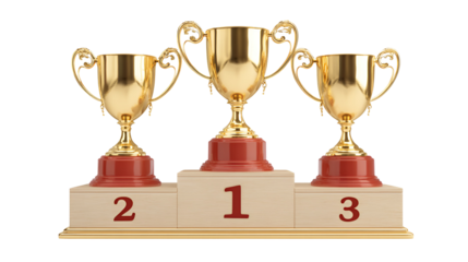 Gold trophies on a podium, representing 1st, 2nd, and 3rd place.