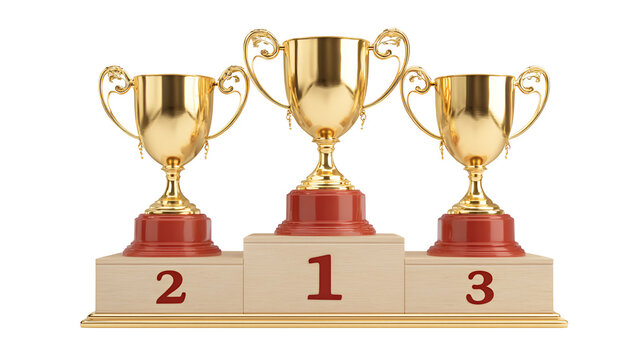 Gold trophies on a podium, representing 1st, 2nd, and 3rd place.