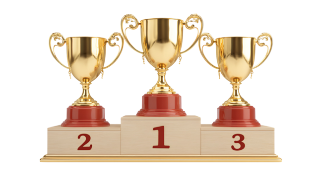 Gold trophies on a podium, representing 1st, 2nd, and 3rd place.