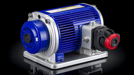 Powerful blue electric motor with red connector on black background