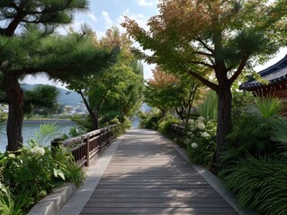 Picturesque walkway lined with trees and flowers