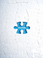 Business solution, solvings and problems, recruitment, creativity concept. Text PROBLEM on blue empty space missing piece, gap surrounded with many white blank jigsaw puzzle, vertical background.