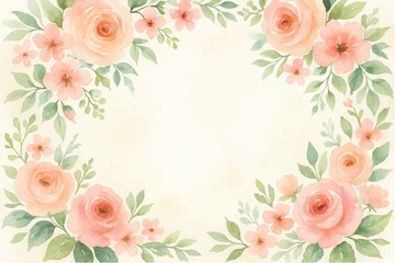 Fototapeta premium Vintage floral background with romantic pink roses, elegant frame, and decorative hearts for a wedding or Valentine's Day card design