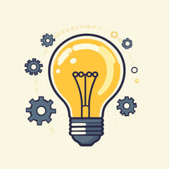 Light bulb icon with gear symbol representing innovation and ideas, vector style simple color