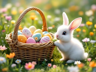 Easter eggs and bunny in a sunny spring field. Great for festive content, kids visuals, and holiday greeting cards
