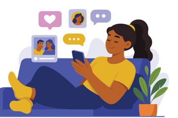Relaxed Woman Browsing Social Media on Couch – Flat Vector Illustration