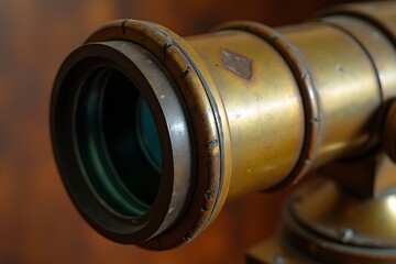 A close-up photograph of a vintage telescope eyepiece, with scratched brass and clear glass