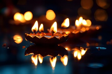 Elegant arrangement of lit candles reflecting beautifully on a dark surface showcasing spirituality.