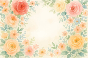 Vintage floral background with romantic pink roses, elegant frame, and decorative hearts for a wedding or Valentine's Day card design