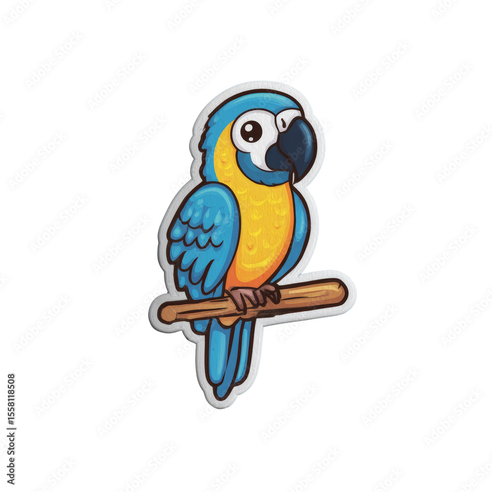 Poster vibrant cartoon macaw perched on a branch with a clean isolated transparency