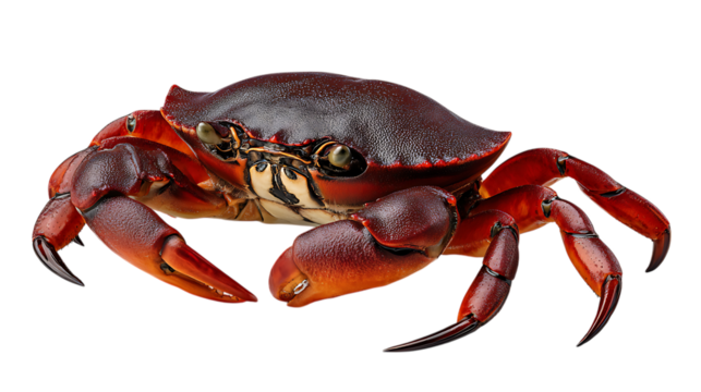 Detailed close up view of a vibrant red crab with prominent claws and textured shell isolated on transparent background