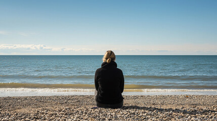 A Woman sits on the shore, facing away from us with its back to the viewer and looking at an endless ocean.