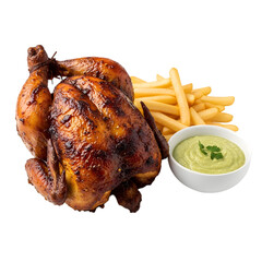 A Succulent Peruvian Pollo a la Brasa a Rotisserie Chicken with Crispy Spiced Skin on isolated transparent background