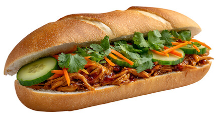 Delicious vietnamese banh mi sandwich filled with savory shredded chicken crisp cucumber slices shredded carrots and fresh cilantro isolated on transparent background