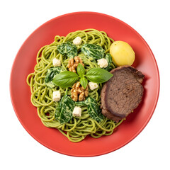 A Vibrant Plate of Peruvian Tallarines Verdes Green Spaghetti in a Creamy Basil and Spinach Sauce on isolated transparent background
