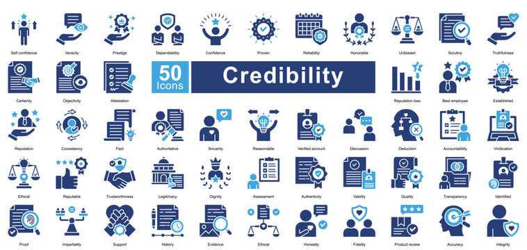 Credibility icon set contains 50 icons including, validity, quality, transparency, identified, self confidence, veracity, prestige, two color style