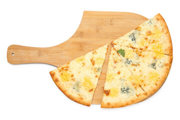 Board with tasty cheese pizza slices isolated on white background