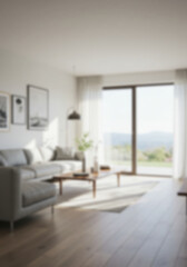 Fototapeta premium Blurred or Blurry Background Image of Modern Minimalist Living Room With Large, Comfortable Sectional Sofa, Framed Artwork and Natural Lighting For Green Screen 06