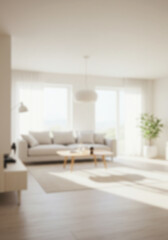 Blurred or Blurry Background Image of Modern Minimalist Living Room With Large, Comfortable Sectional Sofa, Framed Artwork and Natural Lighting For Green Screen 03
