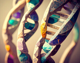A detailed, artistic close-up of multiple DNA double helix strands, rendered with a textured, almost crystalline appearance in warm and cool muted tones of yellow, orange, blue, and purple, against a 