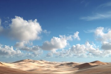 Fototapeta premium Breathtaking Landscape of Vast Sandy Dunes Under Bright Blue Sky with Fluffy White Clouds in a Tranquil and Idyllic Natural Setting