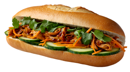 Delicious vietnamese banh mi sandwich filled with shredded pork cucumbers carrots and cilantro isolated on transparent background
