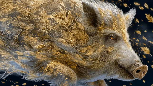 Hyperrealistic Norse Mythology Frey's Golden Boar PNG Material | Gullinbursti, Harvest Horn, Wheat Field, Bifrost, Fertility
