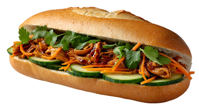 Delicious vietnamese banh mi sandwich filled with shredded pork cucumbers carrots and cilantro isolated on transparent background