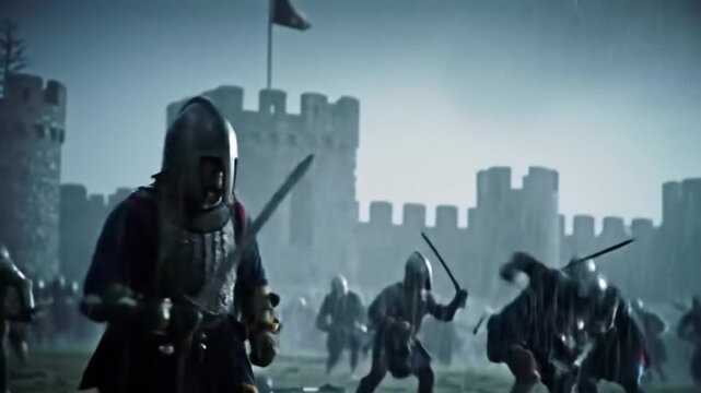 Epic medieval warriors storming a fortress at night. Armored soldiers charging under moonlight in a dramatic siege scene, with torches and swords clashing at the gates.
