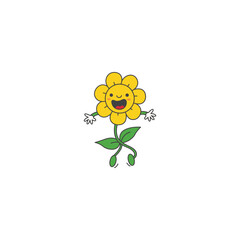 An icon of a yellow flower character with expressive eyes and a wide smile, shown with legs in a dancing pose, symbolizing joy, movement, and cheerfulness.