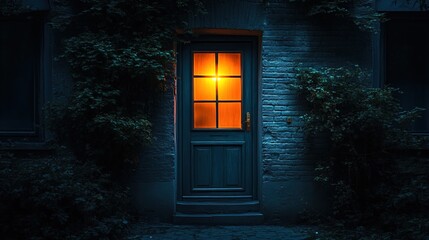 A safe house door glowing warmly in a dark street, symbolizing refuge