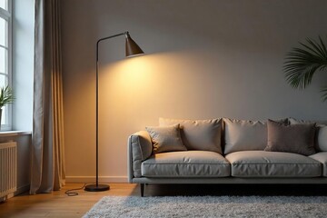 Warm-Glowing Floor Lamp Illuminates Modern Minimalist Living Room, Creating a Cozy and Inviting Atmosphere, Perfect for Interior Design Inspiration