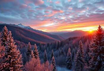 Frosty winter sunrise paints mountain forest in vibrant hues  Magical Christmas landscape, beautiful, crisp