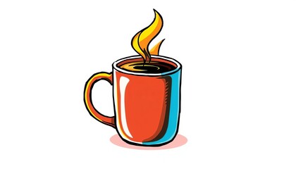 Hand-drawn hot coffee mug, outlined, colored vector graphic,  illustration,  caffeine