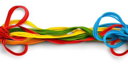 Colorful tangled cords in vibrant shades of red, yellow, green, blue, and orange on white background