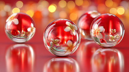 Crystal balls with frangipani flowers floating on red surface with warm bokeh lights