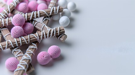 Colorful Craft Materials with Textured Balls and Sticks Arranged on a Neutral Background