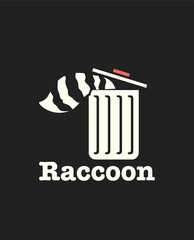 A raccoon enters a trash can with only its tail visible. Mascot Logo and Sticker Vector Set EPS