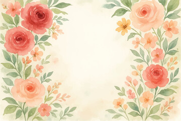 Vintage floral background with romantic pink roses, elegant frame, and decorative hearts for a wedding or Valentine's Day card design
