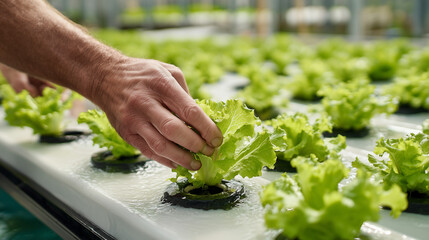 Hydroponic lettuce harvest hands care