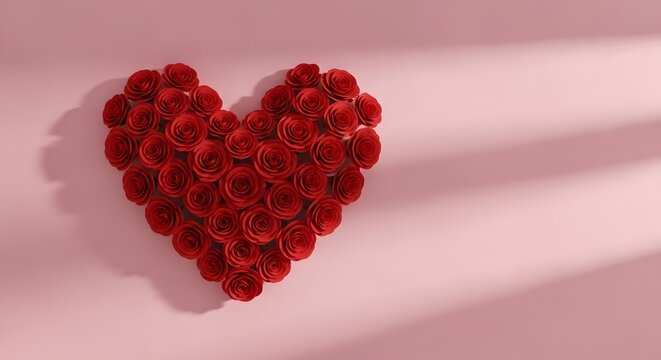Romantic Red Rose Heart Shaped Arrangement on Pink Background Valentines Day