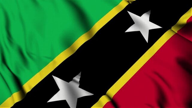 3D animation of the national flag of Saint-Kitts and Nevis waving in slow motion. Close-up view with realistic fabric texture in 4K resolution. Ideal for Independence Day, patriotic videos.