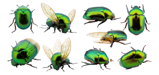 Colorful Green Beetles Isolated on White Background Displayed in Various Poses, Isolated on Transparent, white background