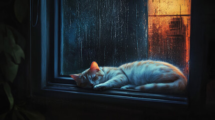 At night, as the rain falls and the light is dim, a furry cat sleeps near the window." 