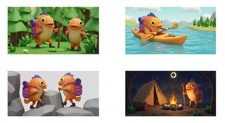Fototapeta premium Animated fish characters engaging in various activities